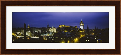 Framed High angle view of a city lit up at night, Edinburgh Castle, Edinburgh, Scotland Print