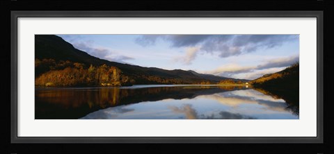 Framed Reflection of mountains and clouds on water, Glen Lednock, Perthshire, Scotland Print