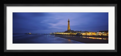 Framed Buildings lit up at dusk, Blackpool Tower, Blackpool, Lancashire, England Print