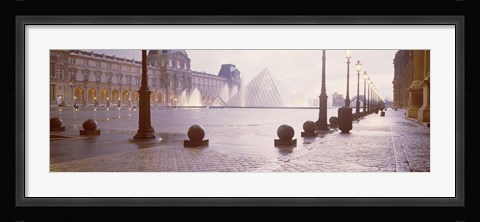 Framed Street lights lit up at dawn, Louvre Pyramid, Musee Du Louvre, Paris, France Print