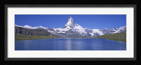 Framed Panoramic View Of A Snow Covered Mountain By A Lake, Matterhorn, Zermatt, Switzerland Print