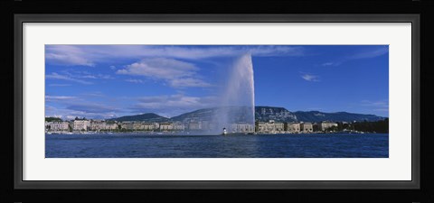 Framed Fountain in front of buildings, Jet D'eau, Geneva, Switzerland Print