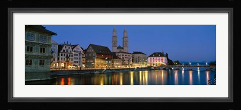 Framed Buildings at the waterfront, Grossmunster Cathedral, Zurich, Switzerland Print