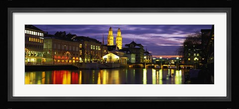 Framed Reflection of night lights in River Limmat Zurich Switzerland Print
