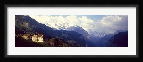 Framed Hotel with mountain range in the background, Swiss Alps, Switzerland Print