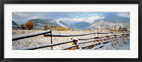 Framed Wooden fence covered with snow at the countryside, Colorado, USA Print