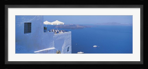 Framed Building On Water, Boats, Fira, Santorini Island, Greece Print