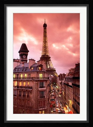 Framed Paris Street Scene with Eiffel Tower and Red Sky Print
