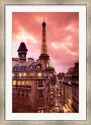 Framed Paris Street Scene with Eiffel Tower and Red Sky Print