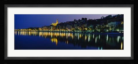 Framed Reflection of buildings in water, Menton, Alpes-Maritimes, Provence-Alpes-Cote d'Azur, France Print