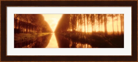 Framed Belgium, tree lined waterway through countryside, sepia tone Print