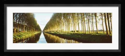 Framed Belgium, tree lined waterway through countryside Print