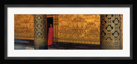 Framed Monk in prayer hall at Wat Mai Buddhist Monastery, Luang Prabang, Laos Print