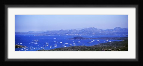 Framed Aerial view of boats in the sea, Costa Smeralda, Sardinia, Italy Print