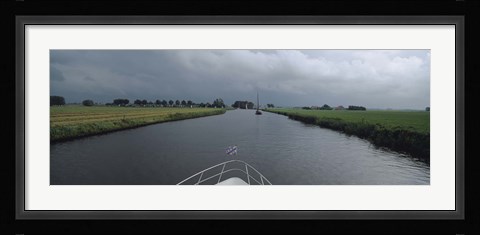 Framed Motorboat in a canal, Friesland, Netherlands Print