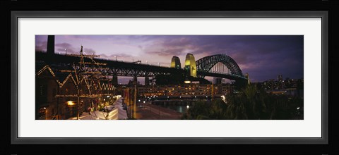 Framed Bridge lit up at night, Sydney Harbor Bridge, Sydney, New South Wales, Australia Print