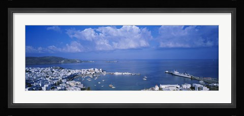 Framed High angle view of buildings at a coast, Mykonos, Cyclades Islands, Greece Print