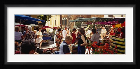 Framed Group of people in a street market, Ceret, France Print