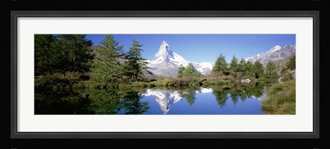 Framed Reflection of trees and mountain in a lake, Matterhorn, Switzerland Print