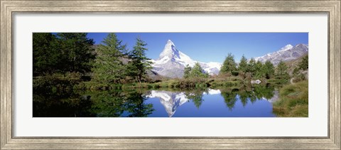 Framed Reflection of trees and mountain in a lake, Matterhorn, Switzerland Print