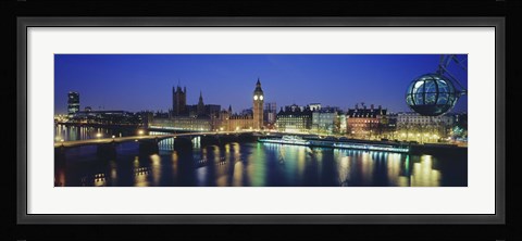 Framed Buildings lit up at dusk, Big Ben, Houses Of Parliament, Thames River, London, England Print