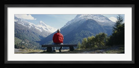 Framed Hiker Contemplating Mountains Switzerland Print