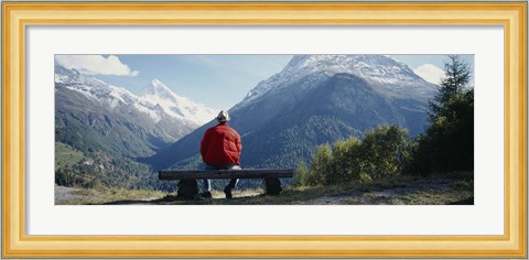 Framed Hiker Contemplating Mountains Switzerland Print