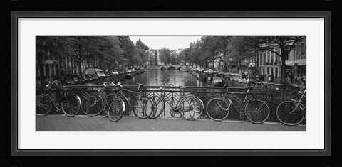 Framed Bicycle Leaning Against A Metal Railing On A Bridge, Amsterdam, Netherlands Print