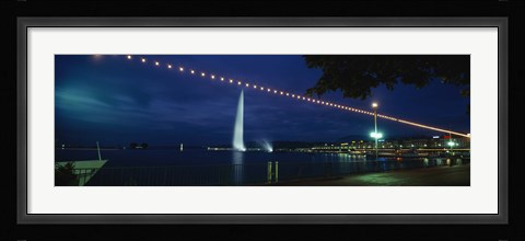 Framed Fountain at night, Jet D'eau, Geneva, Switzerland Print