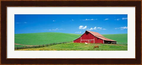 Framed Red Barn With Horses WA Print
