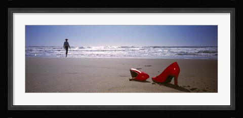 Framed Woman And High Heels On Beach, California, USA Print
