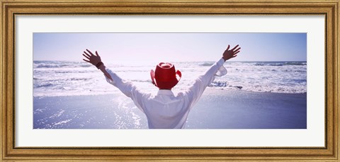 Framed Woman With Outstretched Arms On Beach, California, USA Print