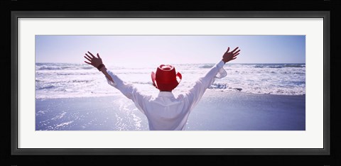 Framed Woman With Outstretched Arms On Beach, California, USA Print