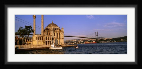 Framed Mosque at the waterfront near a bridge, Ortakoy Mosque, Bosphorus Bridge, Istanbul, Turkey Print