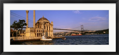 Framed Mosque at the waterfront near a bridge, Ortakoy Mosque, Bosphorus Bridge, Istanbul, Turkey Print