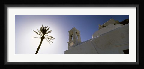 Framed Low angle view of a palm tree near a church , Ios, Cyclades Islands, Greece Print