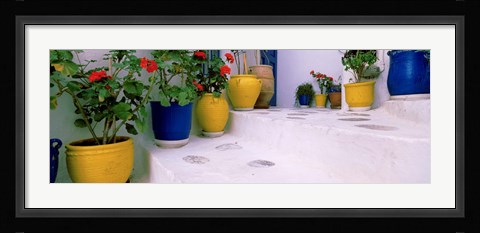 Framed Potted plants on steps, Mykonos, Cyclades Islands, Greece Print