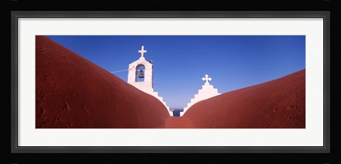 Framed Low angle view of a bell tower of a church, Mykonos, Cyclades Islands, Greece Print