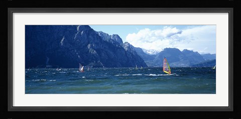 Framed Windsurfing on a lake, Lake Garda, Italy Print