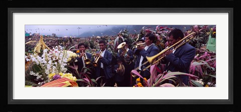 Framed Musicians Celebrating All Saint's Day By Playing Trumpet, Zunil, Guatemala Print