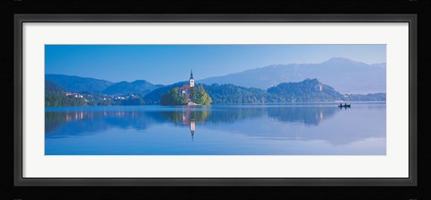 Framed Reflection of mountains and buildings in water, Lake Bled, Slovenia Print