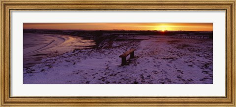 Framed Bench On A Snow Covered Landscape, Filey Bay, Yorkshire, England, United Kingdom Print