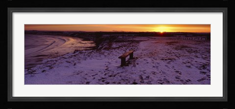 Framed Bench On A Snow Covered Landscape, Filey Bay, Yorkshire, England, United Kingdom Print