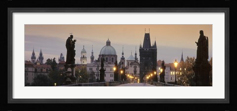 Framed Lit Up Bridge At Dusk, Charles Bridge, Prague, Czech Republic Print
