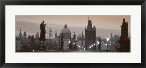 Framed Lit Up Bridge At Dusk, Charles Bridge, Prague, Czech Republic (black and white) Print