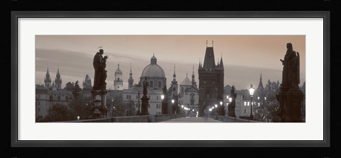 Framed Lit Up Bridge At Dusk, Charles Bridge, Prague, Czech Republic (black and white) Print