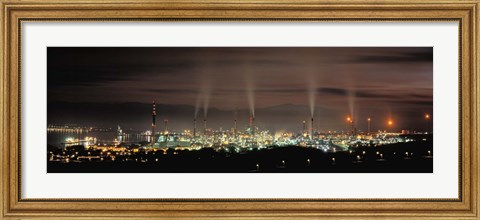 Framed High angle view of oil refinery at lit up at night, La Linea De La Concepcion, Andalusia, Spain Print