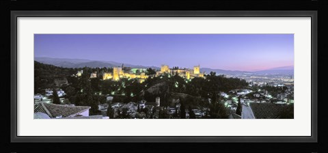 Framed High angle view of a castle lit up at dusk, Alhambra, Granada, Andalusia, Spain Print