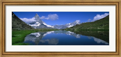 Framed Reflection of mountains in water, Riffelsee, Matterhorn, Switzerland Print