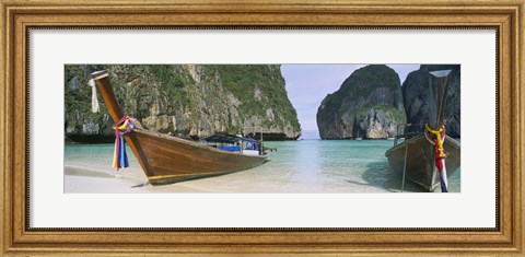 Framed Longtail boats moored on the beach, Mahya Beach, Ko Phi Phi Lee, Phi Phi Islands, Thailand Print